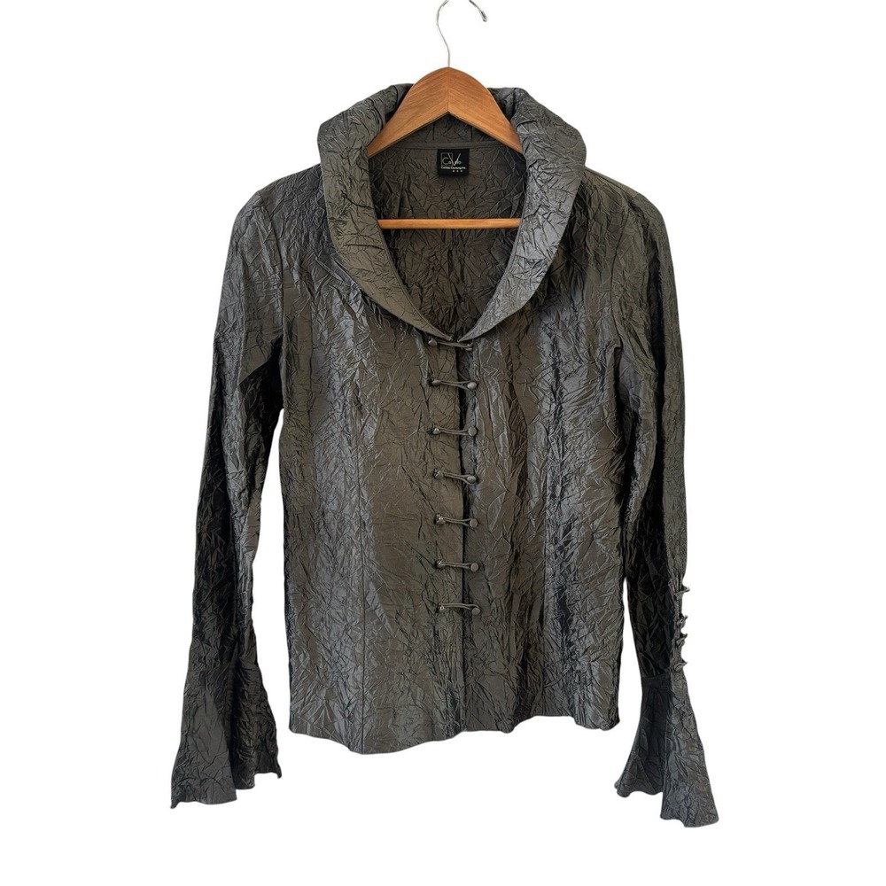 CoVelo‎ Crinkle Blouse Womens M Gray Bell Sleeve Lagenlook Whimsigoth Artsy